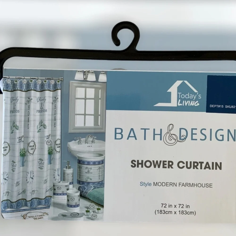 Modern Farmhouse Fabric Shower Curtain White Blue Multicolor 72 in X 72 in